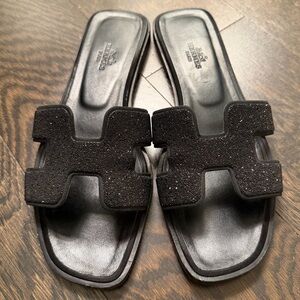 Hermes Black Glitter Oran Sandals 100% Authentic